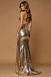 Golden Mermaid Spaghetti Straps Metallic Satin Long Formal Dress