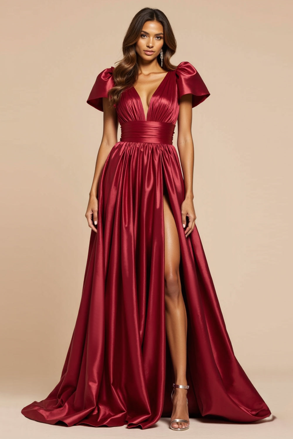 Dark Red A Line V-Neck Pleated Long Formal Dress with Short Sleeves