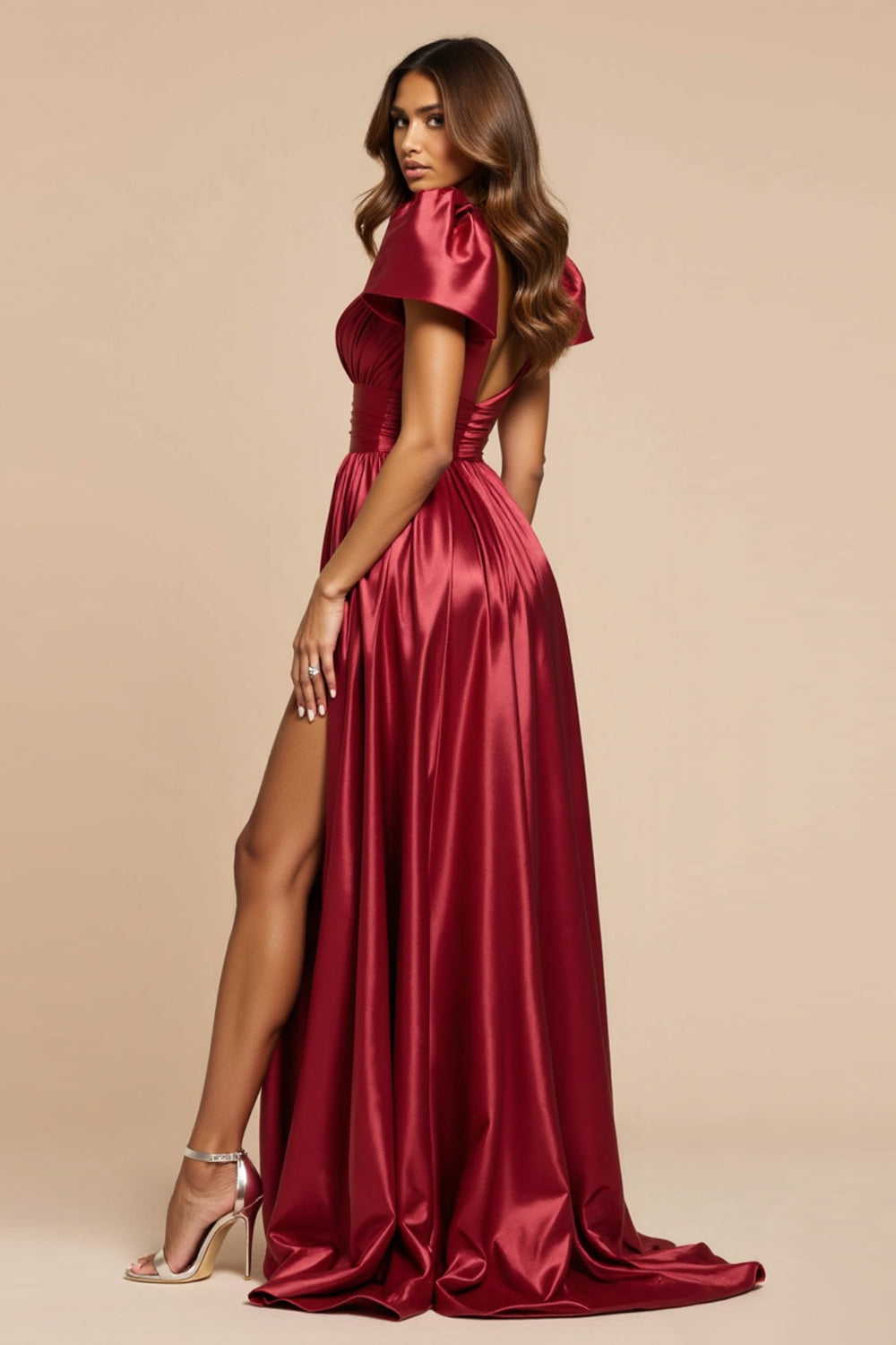 Dark Red A Line V-Neck Pleated Long Formal Dress with Short Sleeves