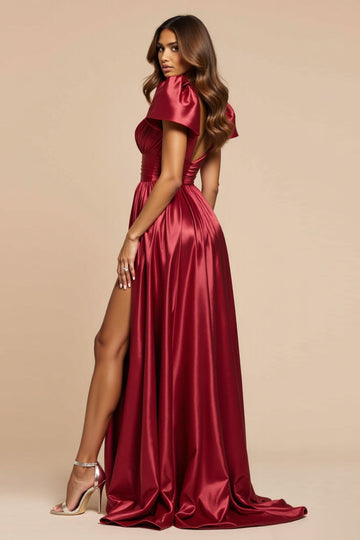 Dark Red A Line V-Neck Pleated Long Formal Dress with Short Sleeves