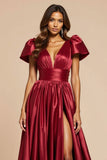 Dark Red A Line V-Neck Pleated Long Formal Dress with Short Sleeves