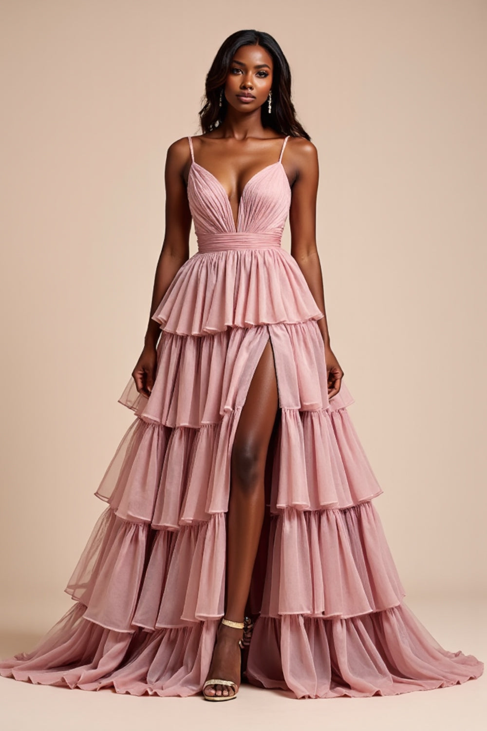 Dusty Rose A Line Spaghetti Straps Ruffles Tiered Long Formal Dress