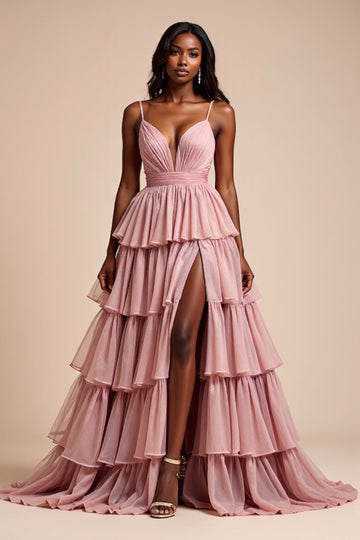 Dusty Rose A Line Spaghetti Straps Ruffles Tiered Long Formal Dress