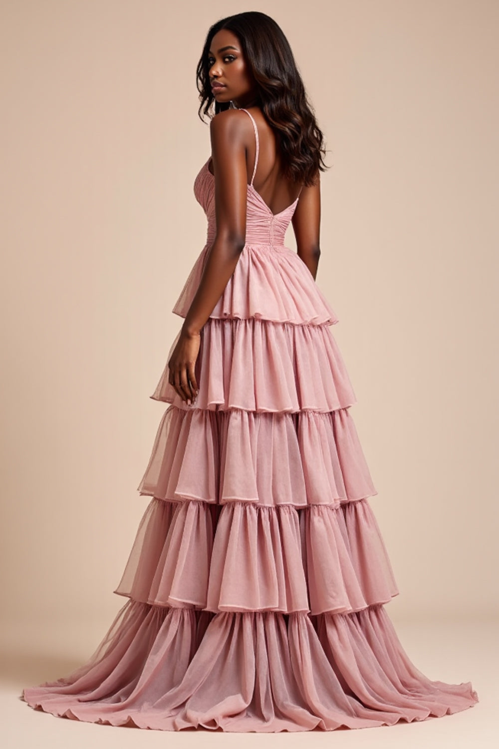 Dusty Rose A Line Spaghetti Straps Ruffles Tiered Long Formal Dress
