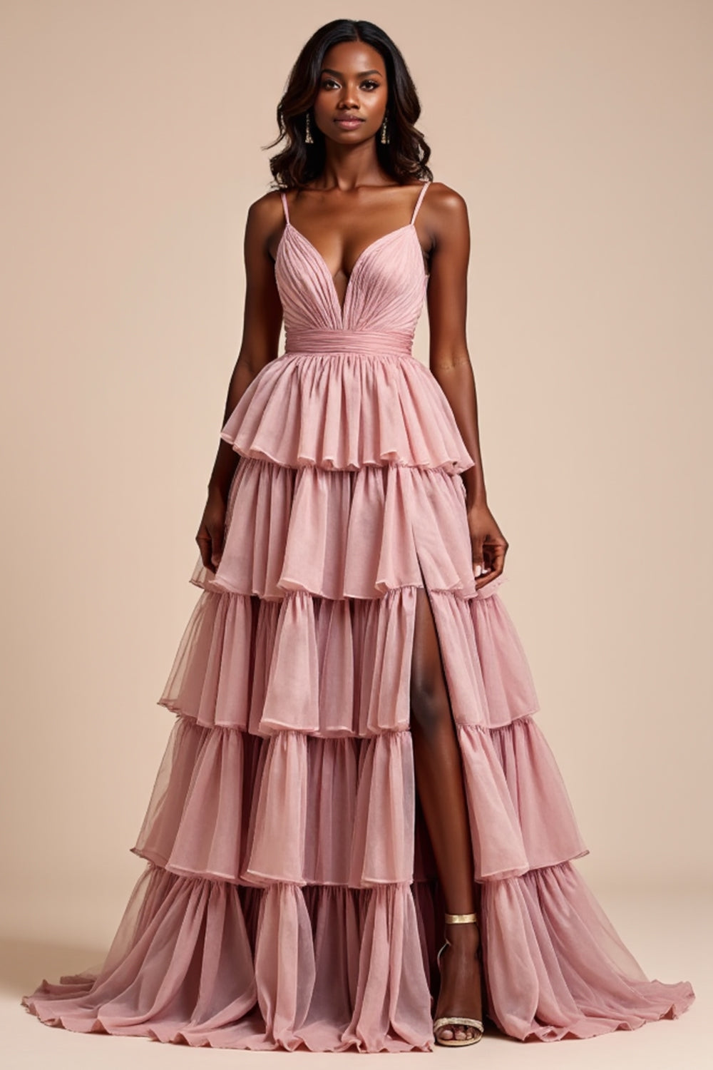 Dusty Rose A Line Spaghetti Straps Ruffles Tiered Long Formal Dress