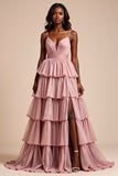 Dusty Rose A Line Spaghetti Straps Ruffles Tiered Long Formal Dress