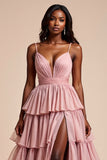 Dusty Rose A Line Spaghetti Straps Ruffles Tiered Long Formal Dress