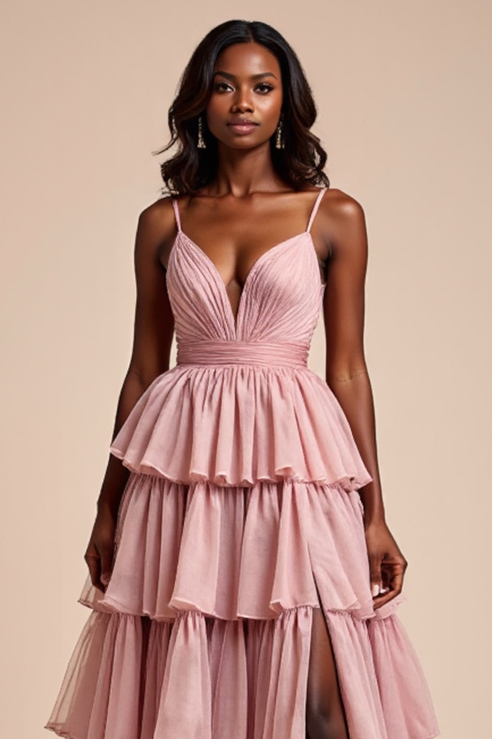 Dusty Rose A Line Spaghetti Straps Ruffles Tiered Long Formal Dress