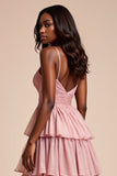 Dusty Rose A Line Spaghetti Straps Ruffles Tiered Long Formal Dress