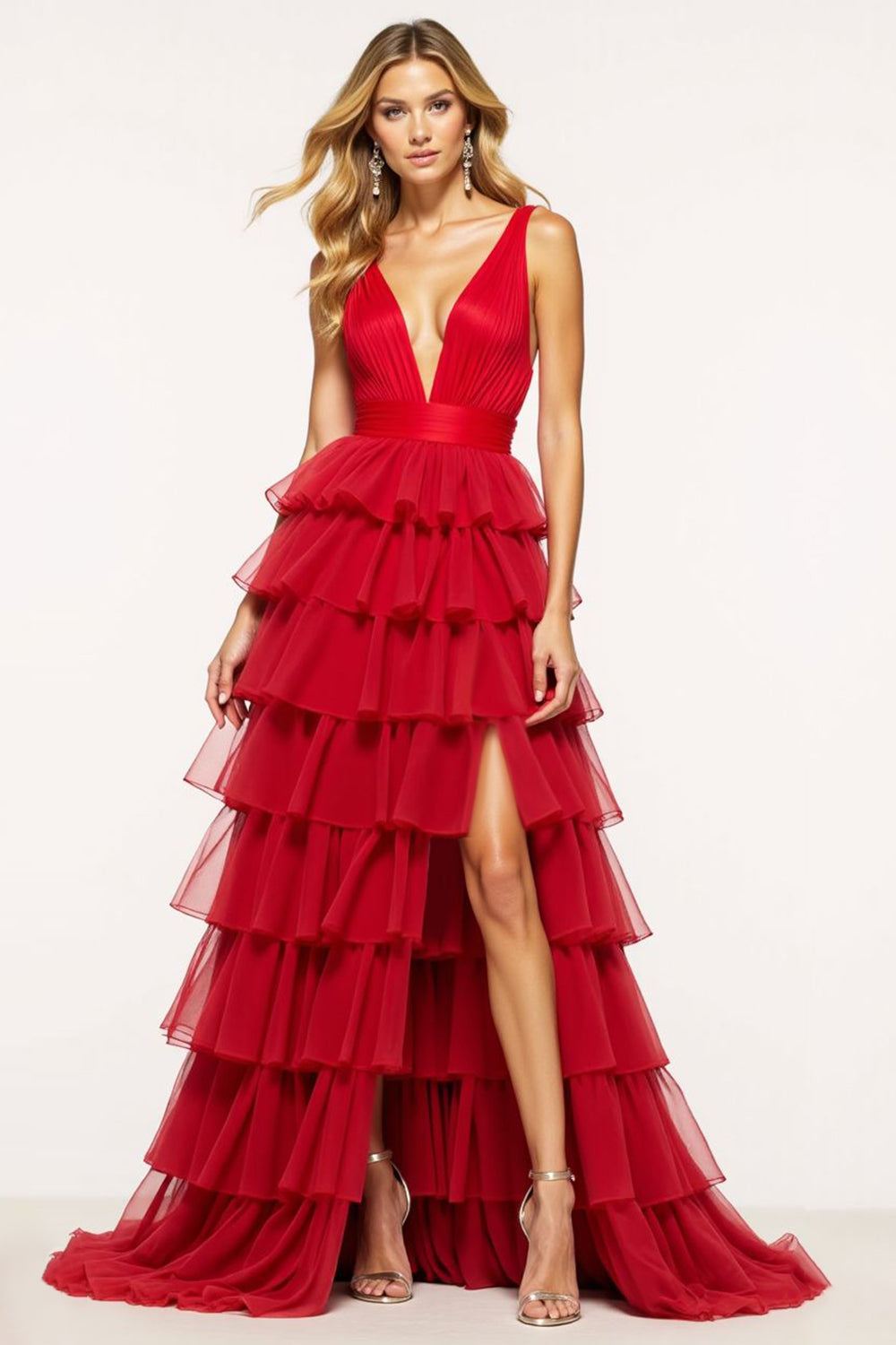 Red A-Line Deep V Neck Ruffled Tulle Long Formal Dress with Slit