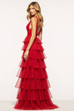 Red A-Line Deep V Neck Ruffled Tulle Long Formal Dress with Slit