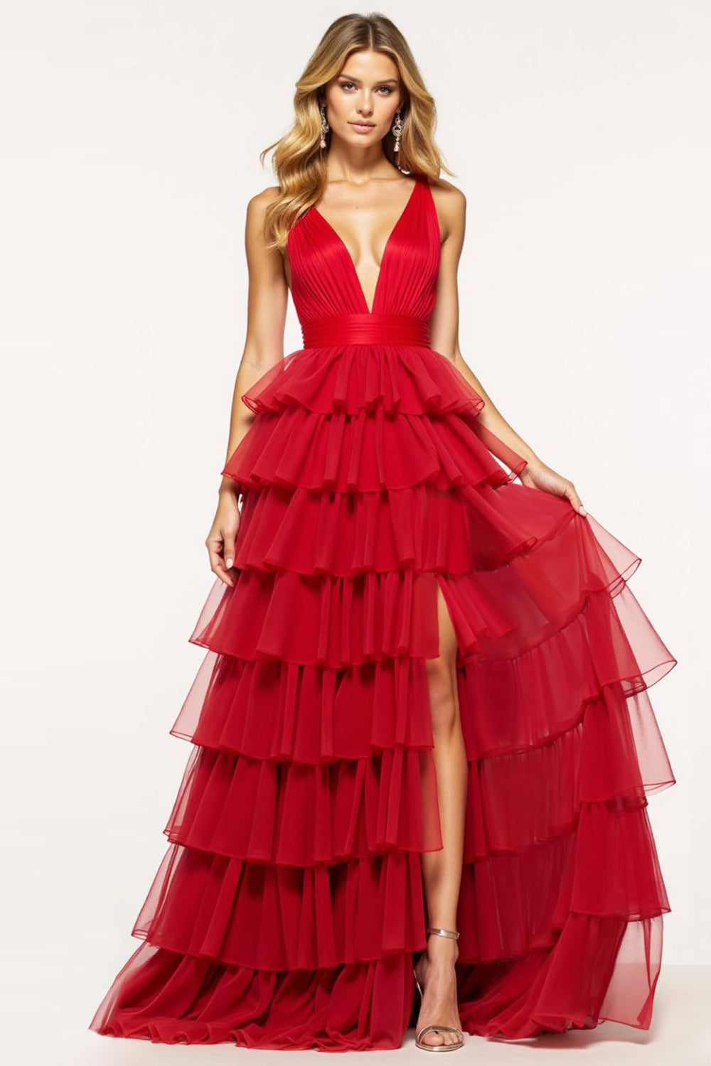 Red A-Line Deep V Neck Ruffled Tulle Long Formal Dress with Slit