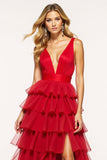 Red A-Line Deep V Neck Ruffled Tulle Long Formal Dress with Slit