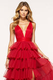 Red A-Line Deep V Neck Ruffled Tulle Long Formal Dress with Slit