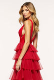 Red A-Line Deep V Neck Ruffled Tulle Long Formal Dress with Slit