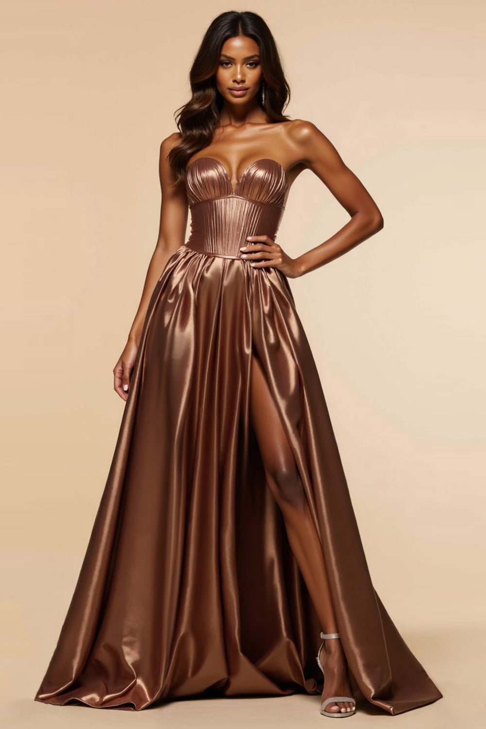 Brown A-Line Strapless Metallic Corset Long Formal Dress with Slit