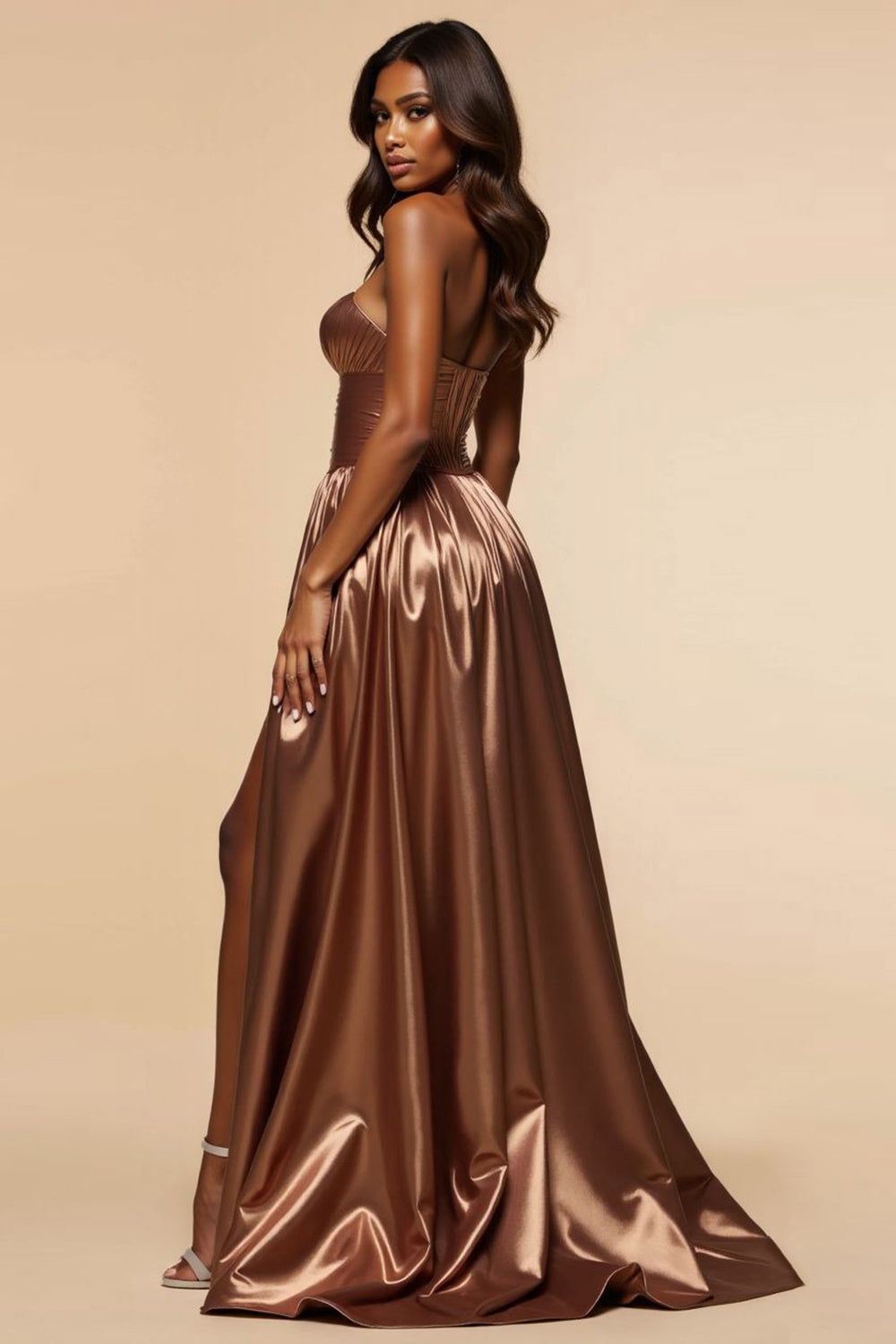 Brown A-Line Strapless Metallic Corset Long Formal Dress with Slit