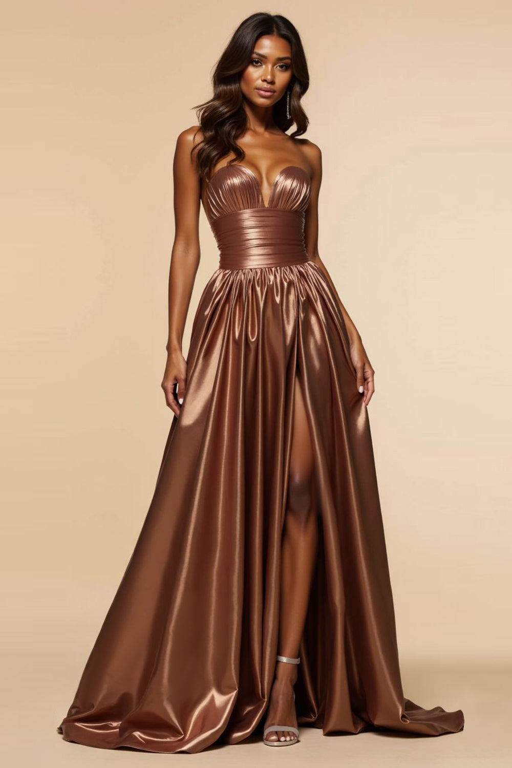 Brown A-Line Strapless Metallic Corset Long Formal Dress with Slit