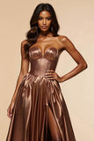 Brown A-Line Strapless Metallic Corset Long Formal Dress with Slit