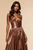 Brown A-Line Strapless Metallic Corset Long Formal Dress with Slit