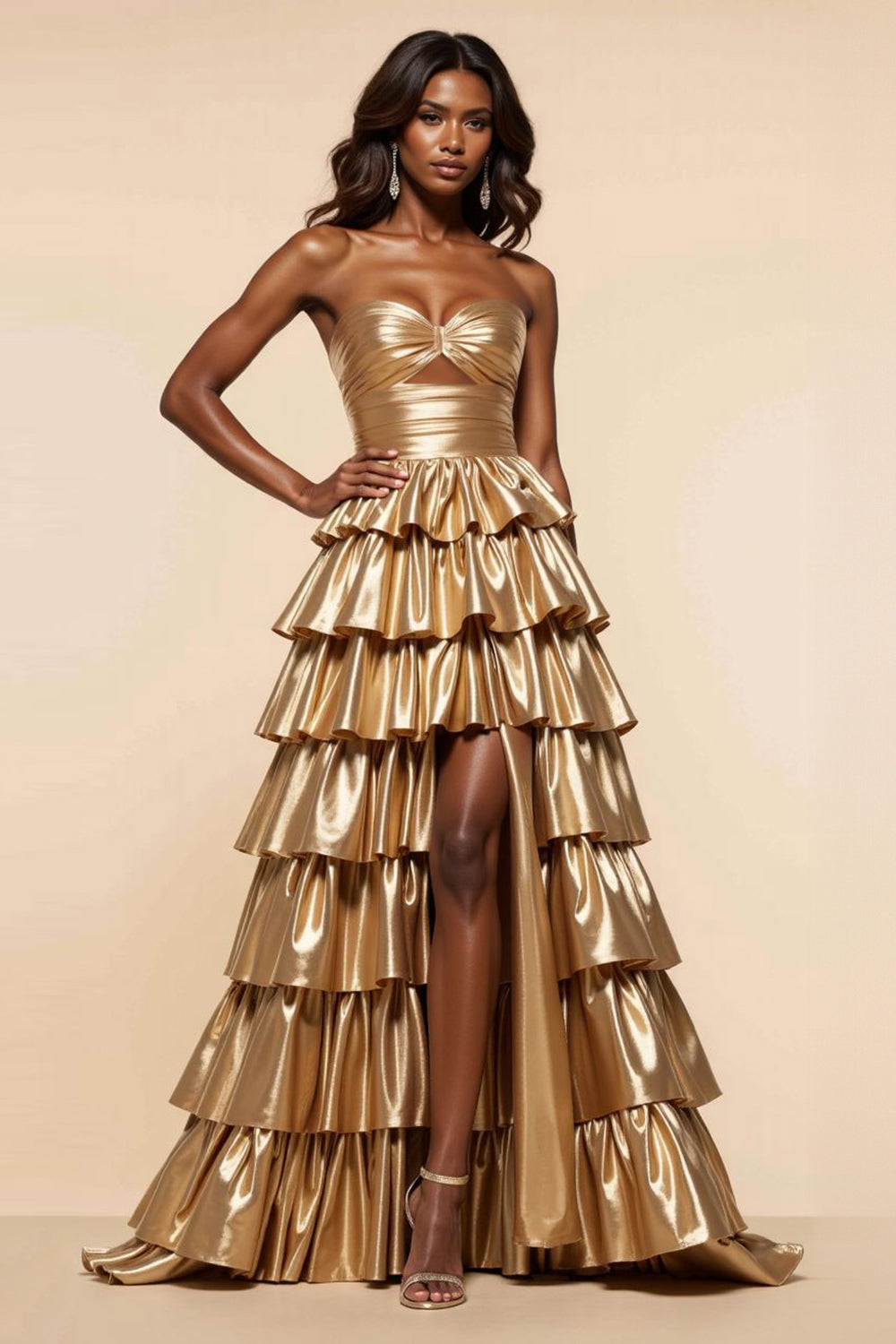 Golden A-Line Strapless Ruched Ruffled Formal Dress with Slit