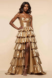 Golden A-Line Strapless Ruched Ruffled Formal Dress with Slit