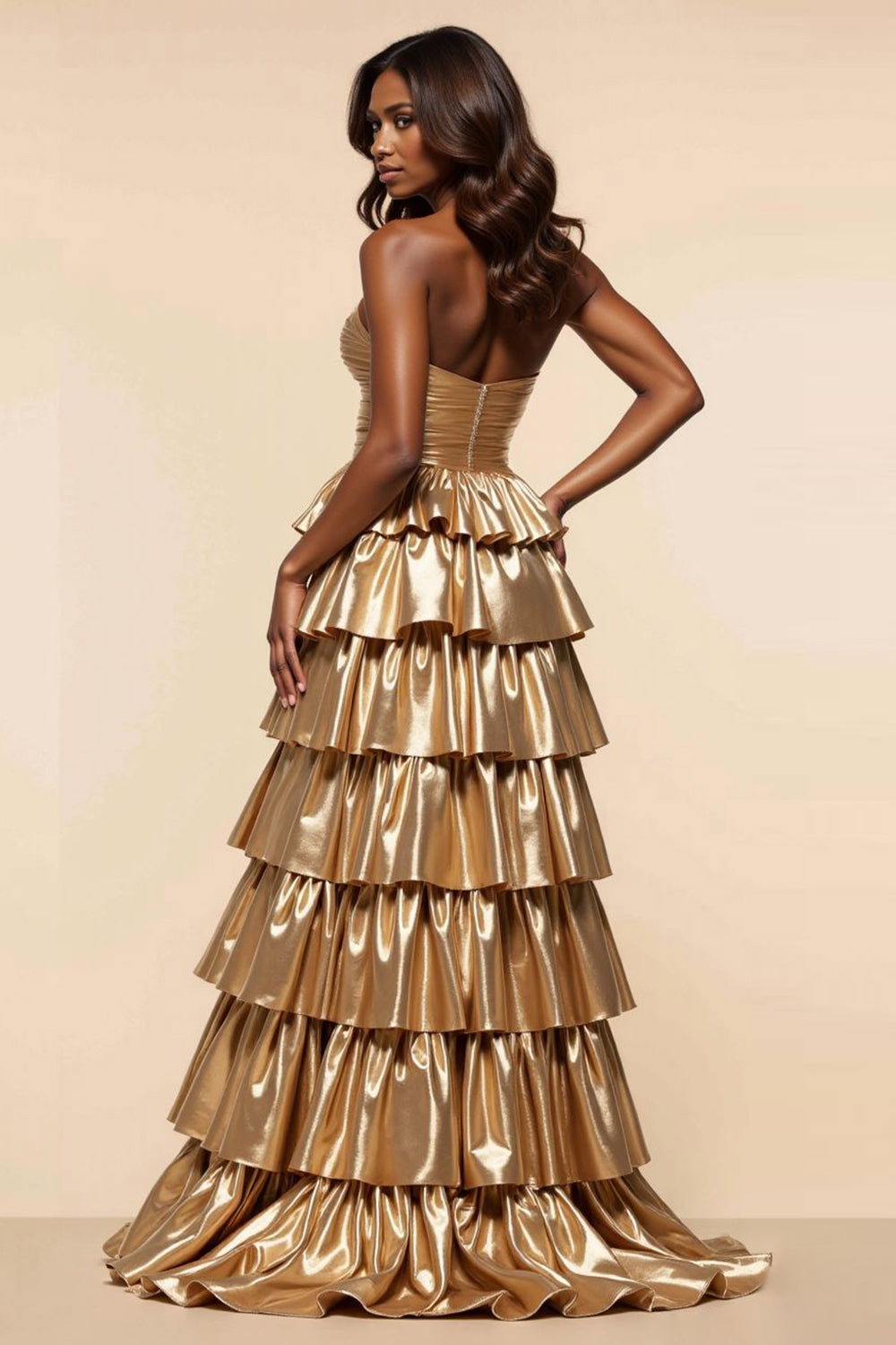 Golden A-Line Strapless Ruched Ruffled Formal Dress with Slit