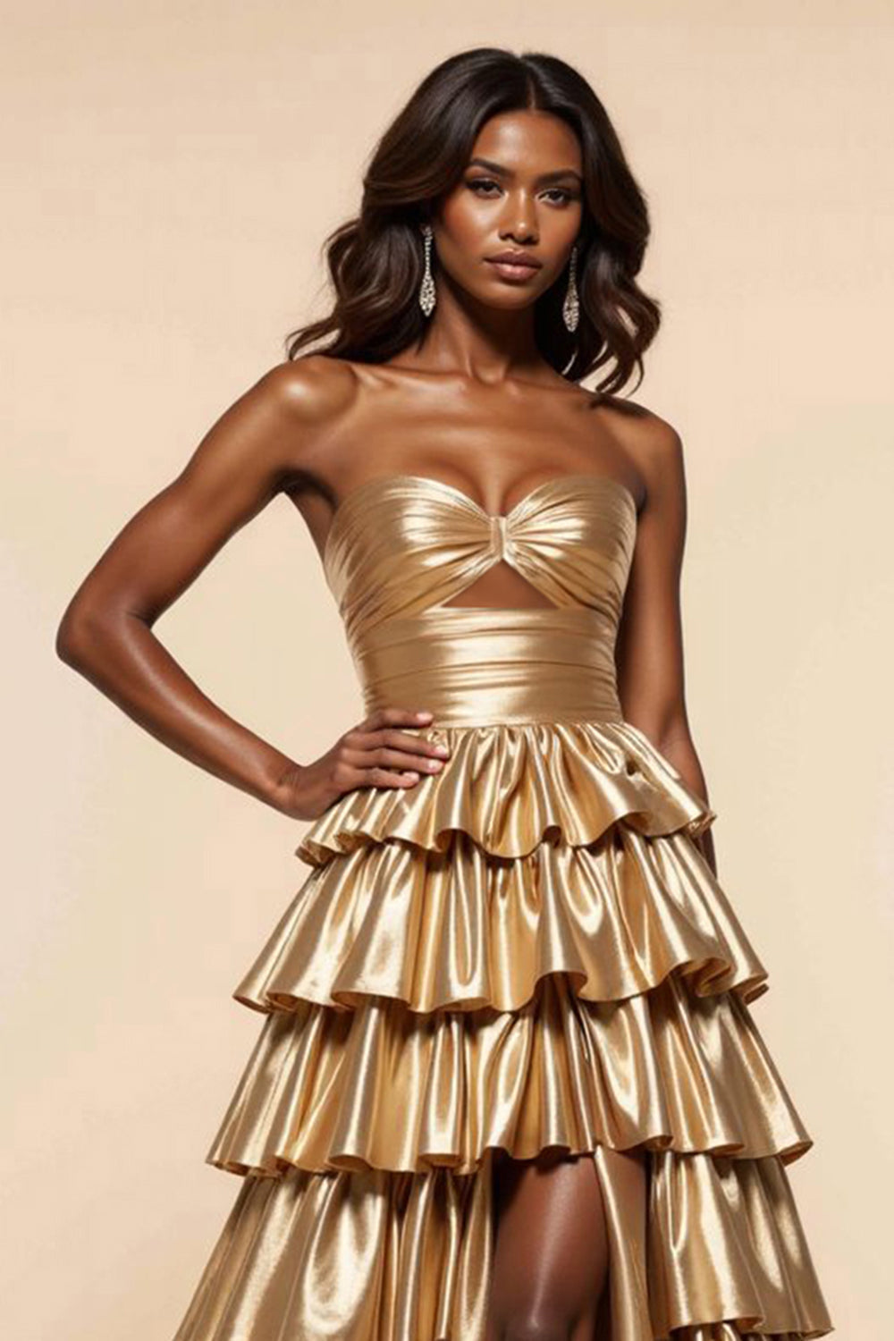 Golden A-Line Strapless Ruched Ruffled Formal Dress with Slit