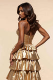 Golden A-Line Strapless Ruched Ruffled Formal Dress with Slit