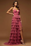 Desert Rose A-Line Spaghetti Straps Ruffled Tulle Long Formal Dress with Slit