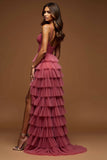 Desert Rose A-Line Spaghetti Straps Ruffled Tulle Long Formal Dress with Slit