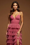 Desert Rose A-Line Spaghetti Straps Ruffled Tulle Long Formal Dress with Slit
