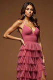 Desert Rose A-Line Spaghetti Straps Ruffled Tulle Long Formal Dress with Slit