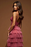 Desert Rose A-Line Spaghetti Straps Ruffled Tulle Long Formal Dress with Slit