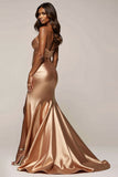 Golden Mermaid Spaghetti Straps Ruched Satin Long Prom Dress with Slit