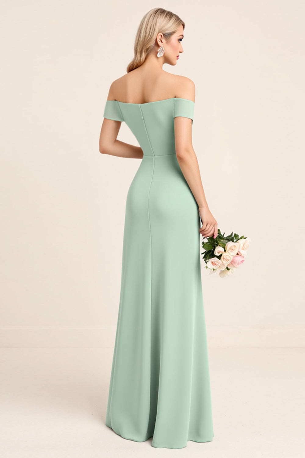 Mint Off The Shoulder Sheath Long Bridesmaid Dress
