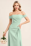 Mint Off The Shoulder Sheath Long Bridesmaid Dress