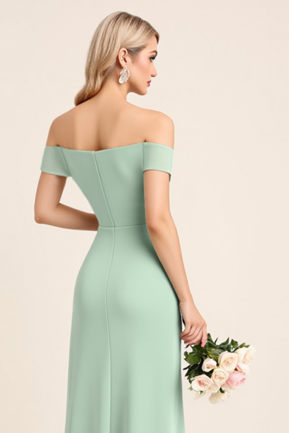 Mint Off The Shoulder Sheath Long Bridesmaid Dress