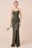 Olive Sheath Spaghetti Straps Bridesmaid Dress With Slit