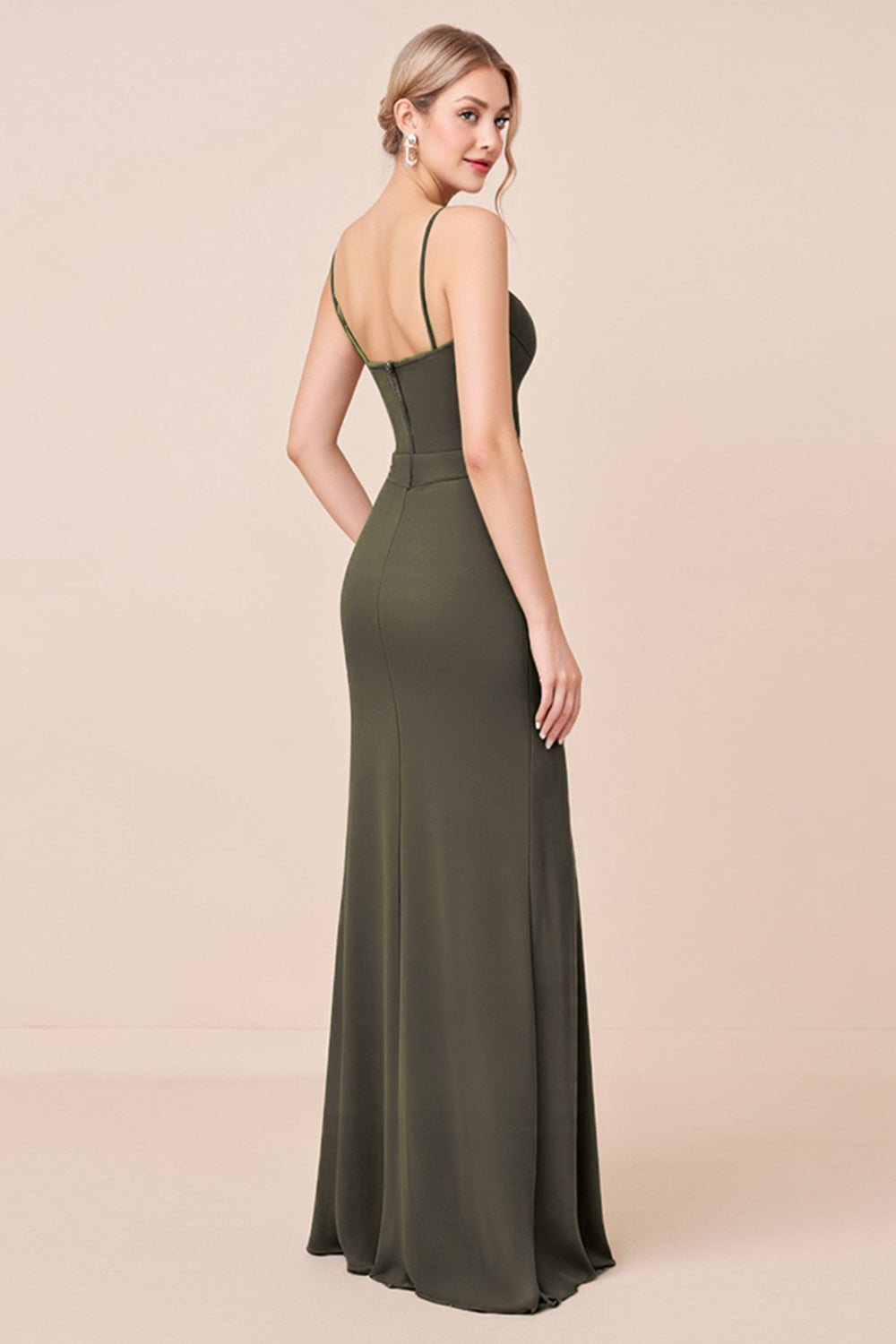 Olive Sheath Spaghetti Straps Bridesmaid Dress With Slit