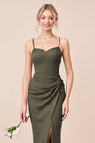 Olive Sheath Spaghetti Straps Bridesmaid Dress With Slit