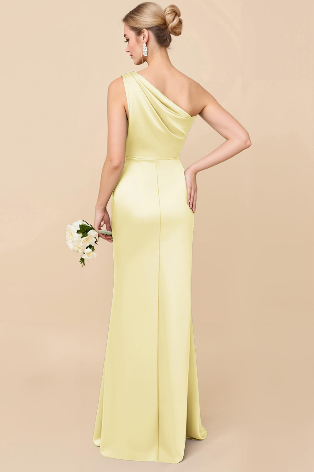 Dusty Sage One Shoulder Sheath Ruched Long Satin Bridesmaid Dress
