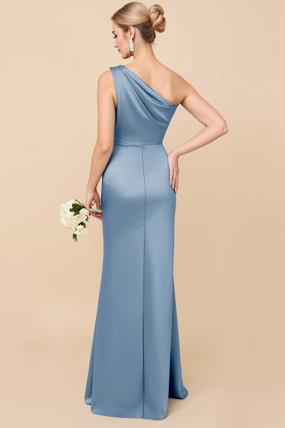 Blush Pink One Shoulder Sheath Ruched Long Satin Bridesmaid Dress