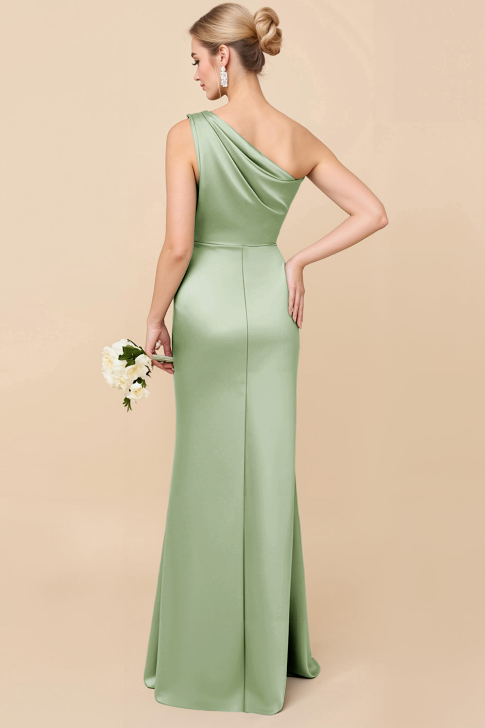 Blush Pink One Shoulder Sheath Ruched Long Satin Bridesmaid Dress