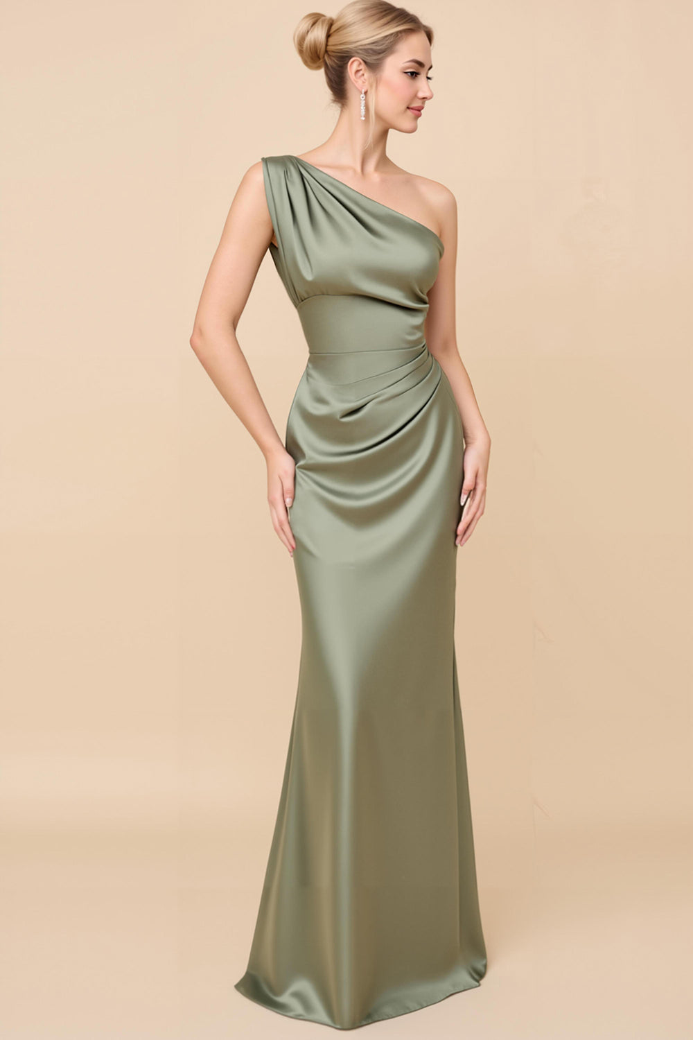 Blush Pink One Shoulder Sheath Ruched Long Satin Bridesmaid Dress