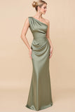 Blush Pink One Shoulder Sheath Ruched Long Satin Bridesmaid Dress