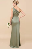 Blush Pink One Shoulder Sheath Ruched Long Satin Bridesmaid Dress