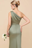 Blush Pink One Shoulder Sheath Ruched Long Satin Bridesmaid Dress