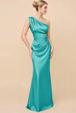 One Shoulder Sheath Eucalyptus Ruched Long Satin Bridesmaid Dress