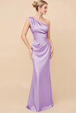 One Shoulder Sheath Eucalyptus Ruched Long Satin Bridesmaid Dress